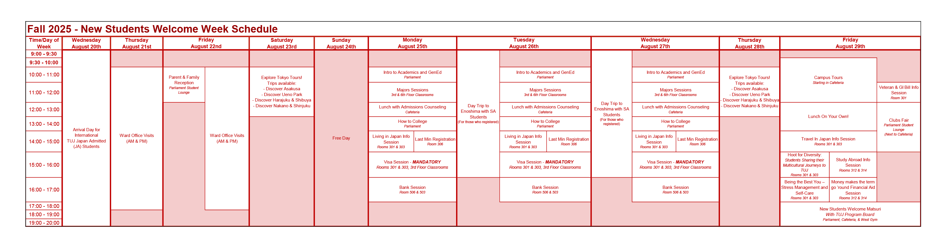 Fall 2025 - New Students Welcome Week Schedule