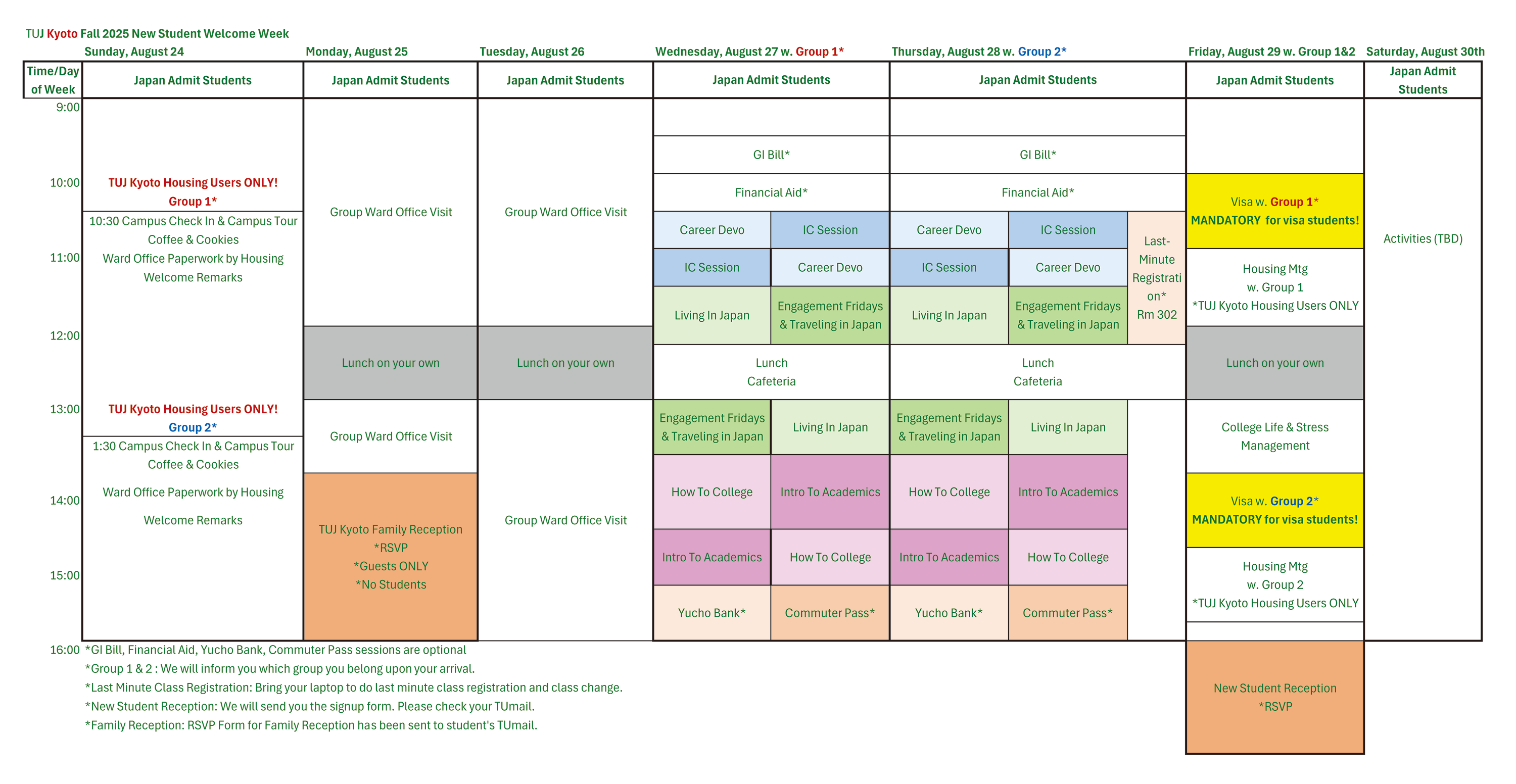 Fall 2025 - New Students Welcome Week Schedule (TUJ Kyoto)