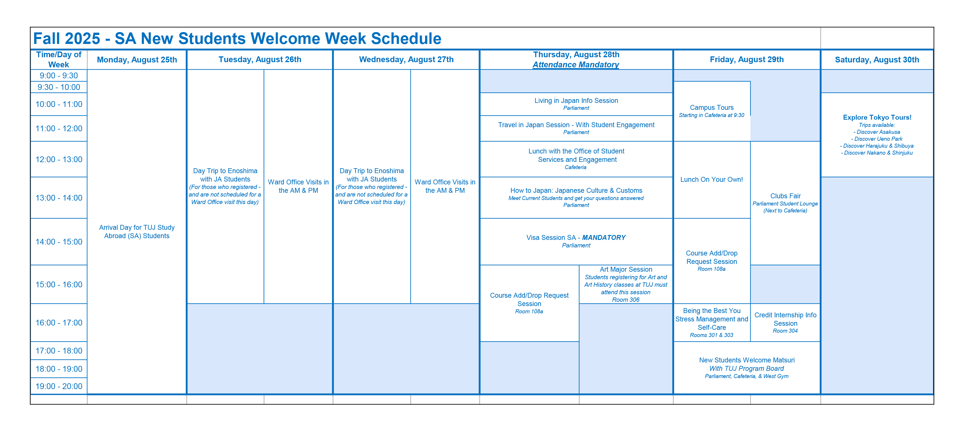Fall 2025 - New Students Welcome Week Schedule