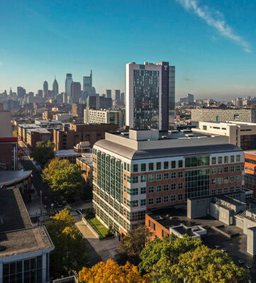 Aerial view of Temple University Morgan Hall and Campus