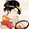 An ukiyo-e print depicting a woman in a kimono looking into a mirror.