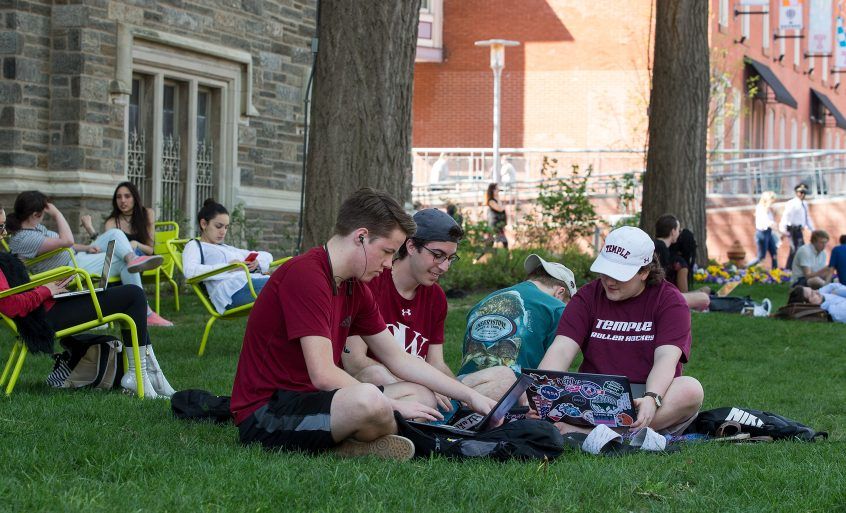 Students relaxing in the courtyard of the campus.