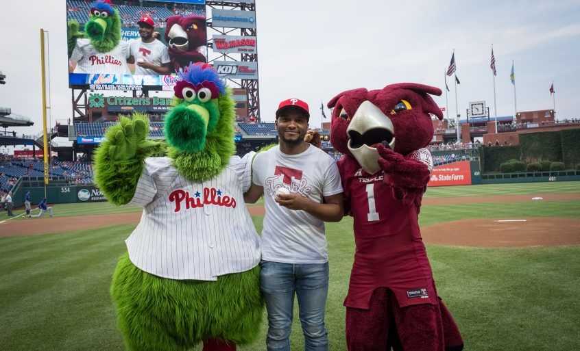 With the Phillie Phanatic and Hooter the Owl at the baseball field.