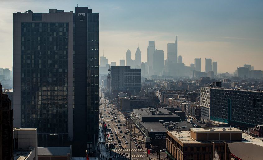 Hazy skyline around Temple University main campus.