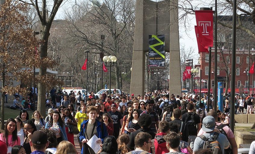Student crowds moving on the Temple University campus.