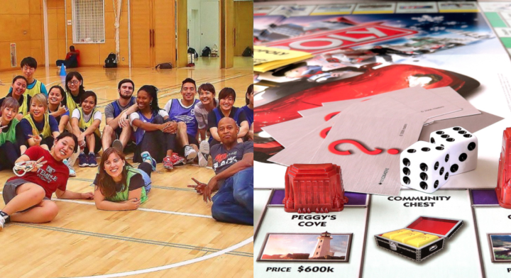 The image shows students playing sports in a gym and also board games