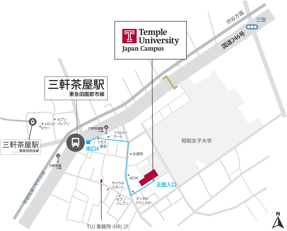 Direction map from Sangenjaya station to TUJ Campus.