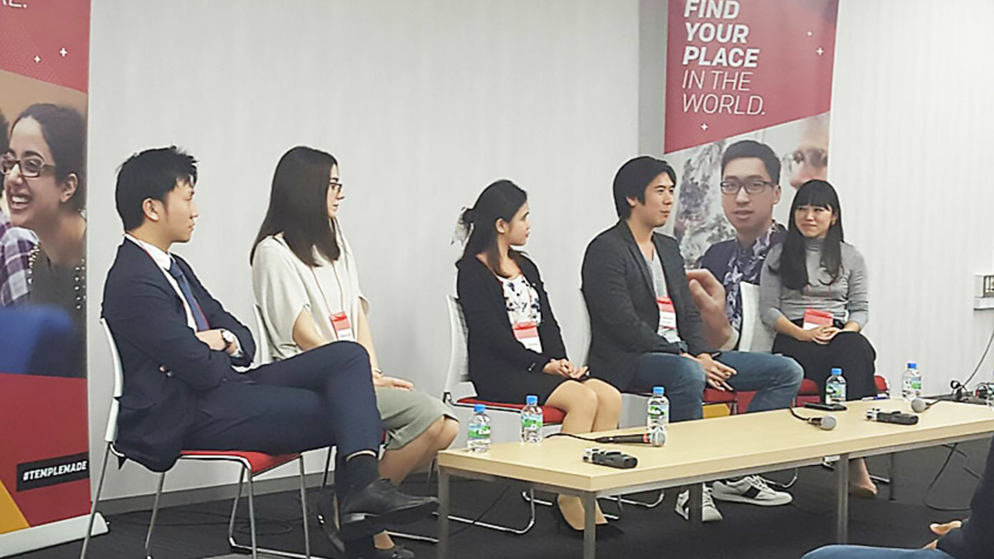 The five TUJ alumni, Chelsea Clark, Daiki Koyama, Yuka Miyata, May Silvestre, and Joel Tay.